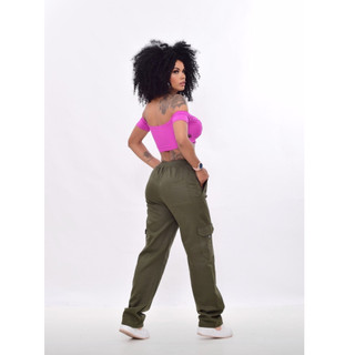 Calça  Cargo Skate Sarja Bolso Lateral Larga Unissex