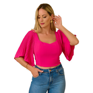blusa cropped top manga plisado social tecido plano dunas elegante laco para amarrar nas costas elastico no ajuste boio no busto forrado blogeira juvenil balada festa