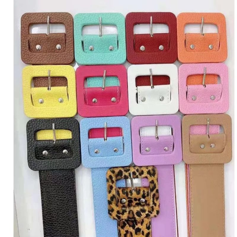 cintos femininos coloridos couro fivela quadrada retrô blogueiras moda