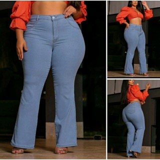 Calça Jeans flare Plus Size Feminina Cintura Com Lycra Calça Boca de Sino Com Elastano