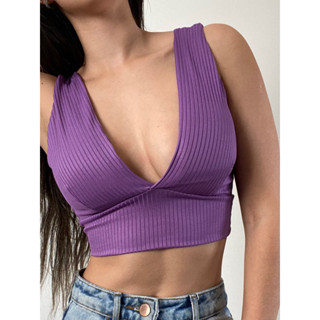 Cropped Decote V Profundo Canelado com Bojo Top Decotado