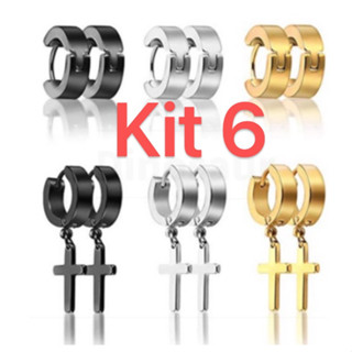 kit 6 brinco argola com cruz crucifixo em aço inoxidável