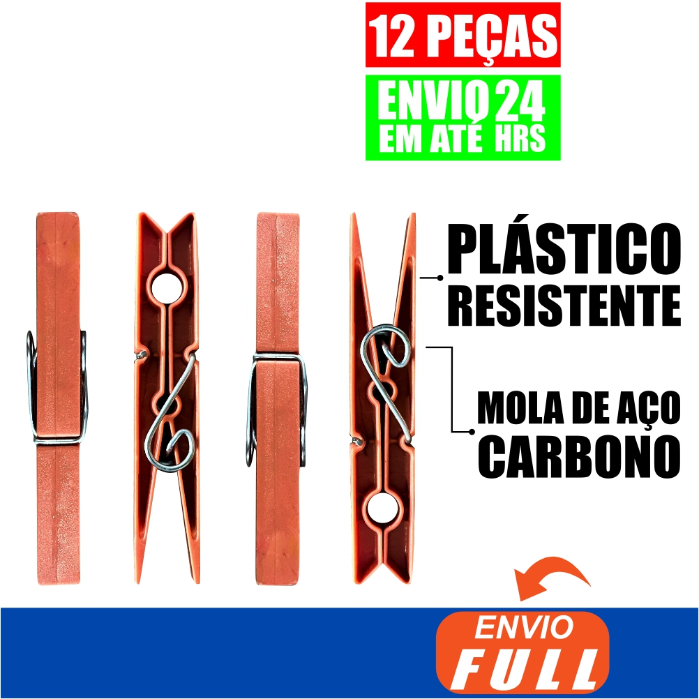 Kit Prendedor de Roupa de Plastico com Mola em Aço Galvanizado (12 unidades)