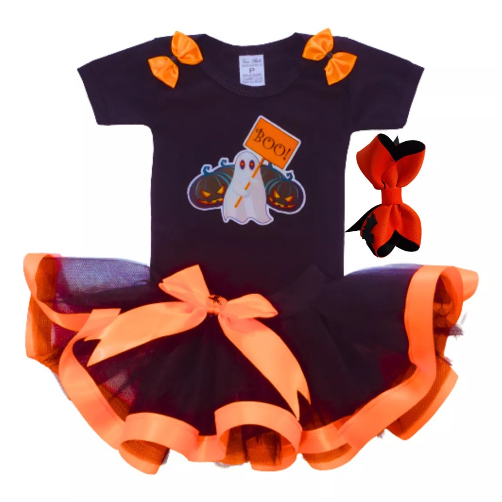 Conjunto Roupa Mesversário Halloween Fantasminha Festa Bruxas Meninas Body, Saia Tutu Tule E Laço