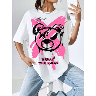 Camiseta Break The Rules Estampa Grafica Desenho Urso Rebelde Frase Quebre as Regras ... Blusa Manga Curta Ombro Caido Oversized Feminino
