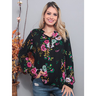 Camisa Feminina Manga Longa Estampa de Flor