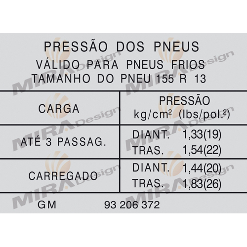 Adesivo da Pressão Pneus GM CHEVETTE L / JUNIOR Pneus 155 R13
