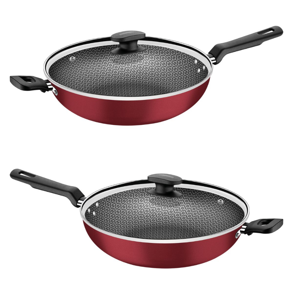 Kit 2 Panelas Wok 28cm 3,3L Antiaderente com tampa de vidro Loreto legumes yakissoba