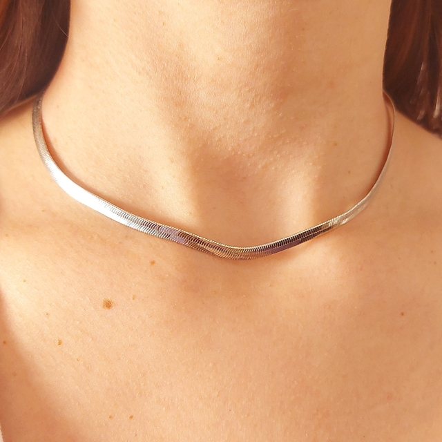 Choker Fita Laminado Prata Folheado Choker Feminino Fita Prateado