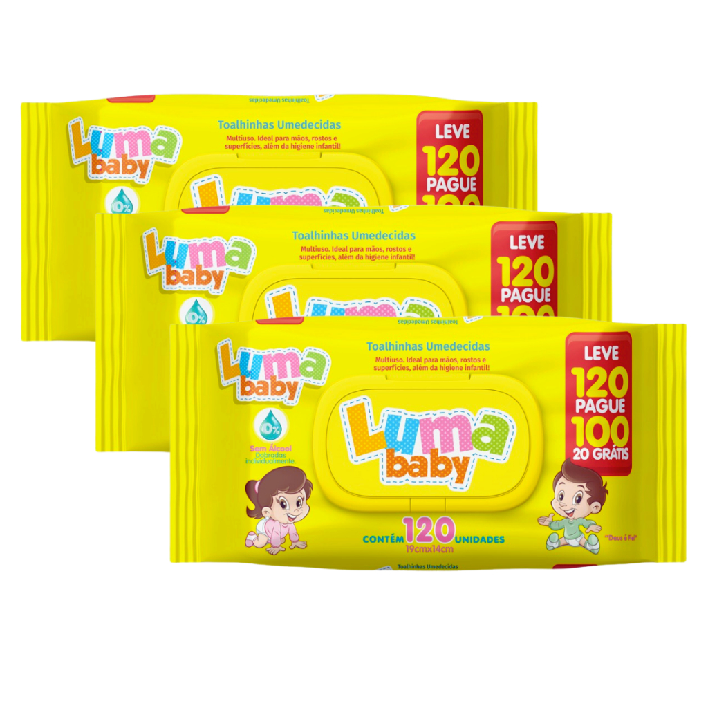 Kit C/3 Pacotes de Lenços Umedecidos Luma Baby c/ 120 Und Cada