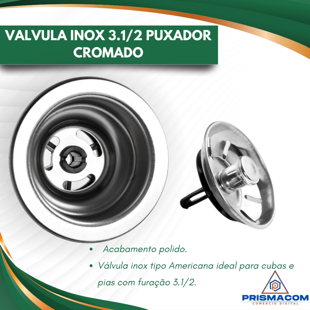 Válvula de Pia Americana Cozinha Cuba 100% Aço Inox 3.1/2 Puxador Cromado