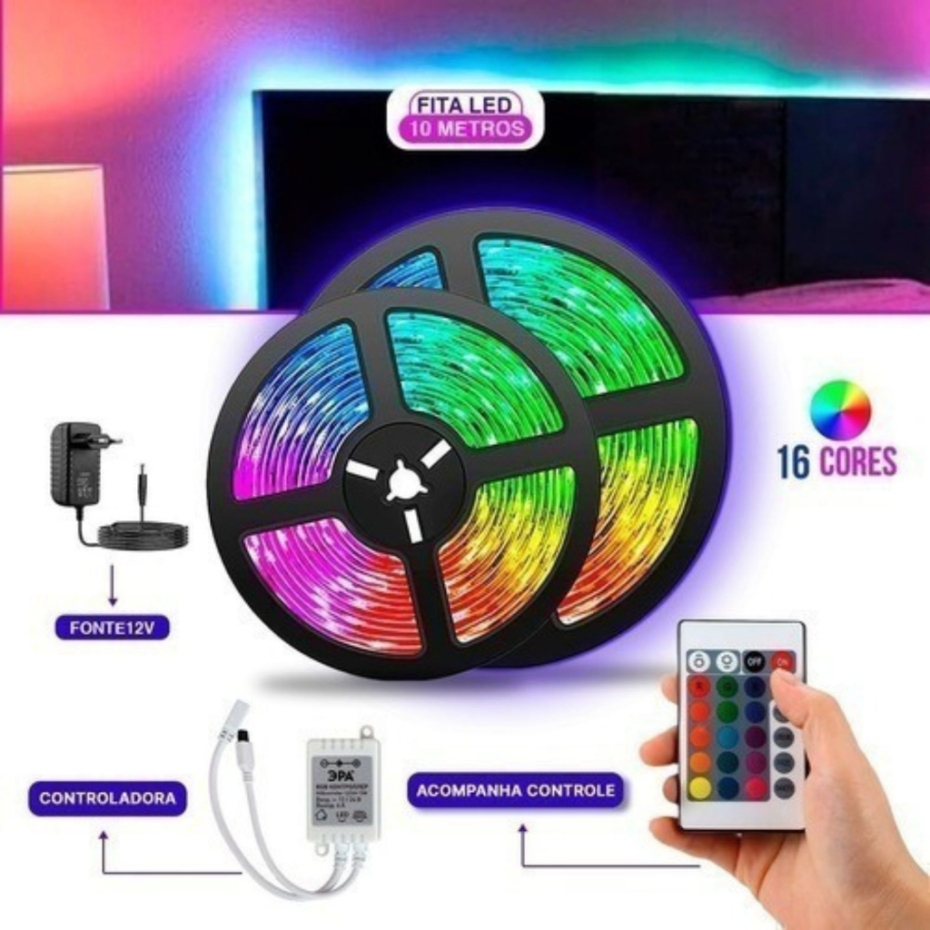 Fita Led Ultra Rgb 5050 10 Metros Com Controle Rolo 16 Cores Colorida 300 Leds
