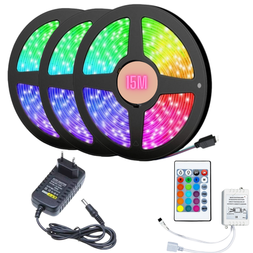 Fita Led Ultra Rgb 5050 15 Metros Com Controle Rolo 16 Cores Colorida 300 Leds