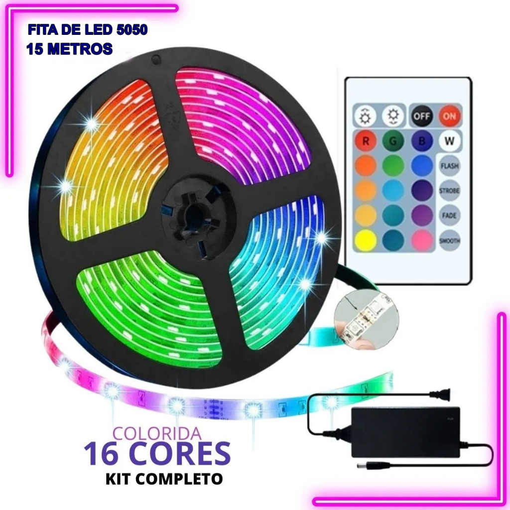Fita Led Ultra Rgb 5050 15 Metros Com Controle Rolo 16 Cores Colorida 300 Leds