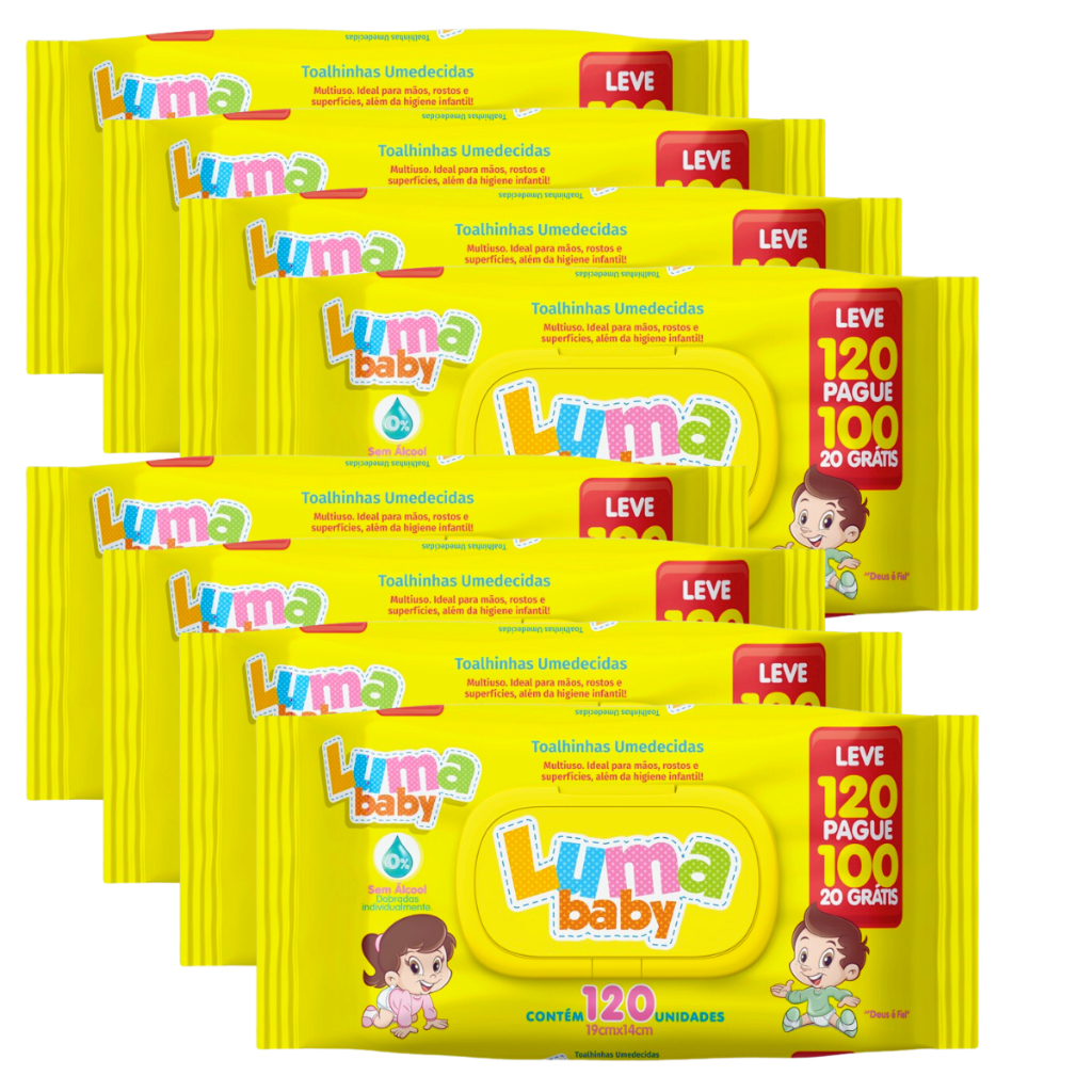 Kit C/8 Pacotes de Lenços Umedecidos Luma Baby c/ 120 Und Cada