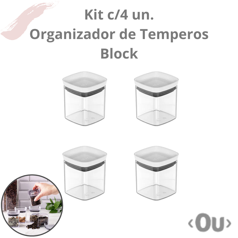 Kit com 4 unidades de Pote Hermético Organizador Block 150 ml - Porta temperos empilhável e modular com anel de vedação