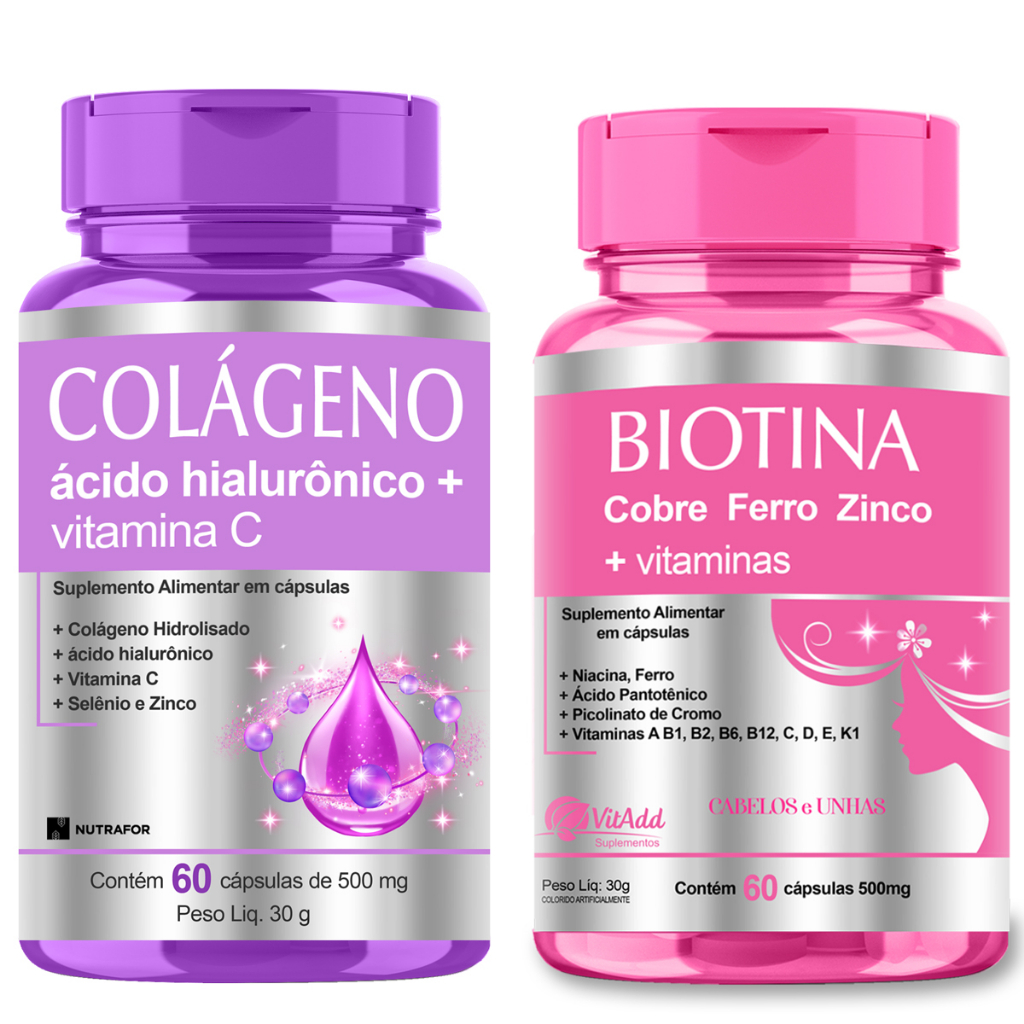Kit Pele Cabelos e Unhas: Colágeno + Ácido Hialurônico + Biotina e Vitaminas 120cps em Oferta na Shopee
