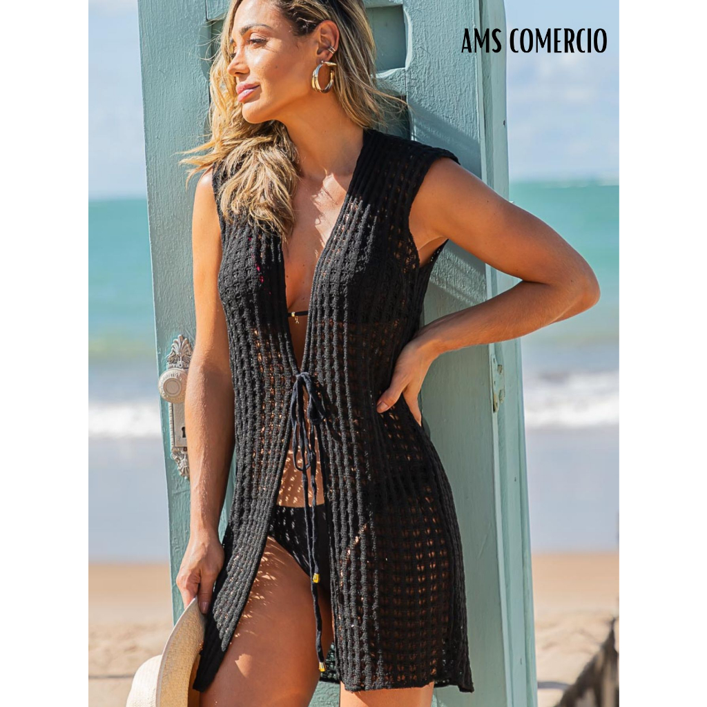 Saida de Praia Curta Tricot Kimono Vazado Tendencia Verão CURTA em Oferta na Shopee