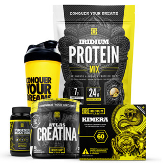 Kit Iridium Whey Protein Mix e Kimera Thermo e Creatina e BCAA e Coqueteleira Copo Único