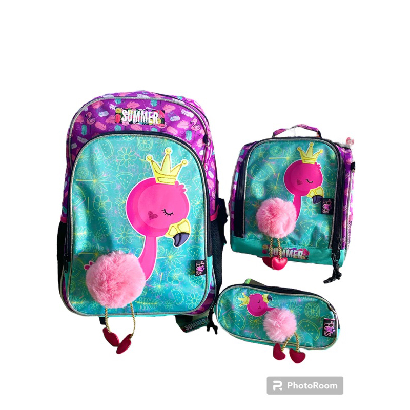 Kit Mochila Escolar de rodinhas + lancheira térmica + estojo Infantil FLAMINGO 2023 - Happy Girl - CHENSON