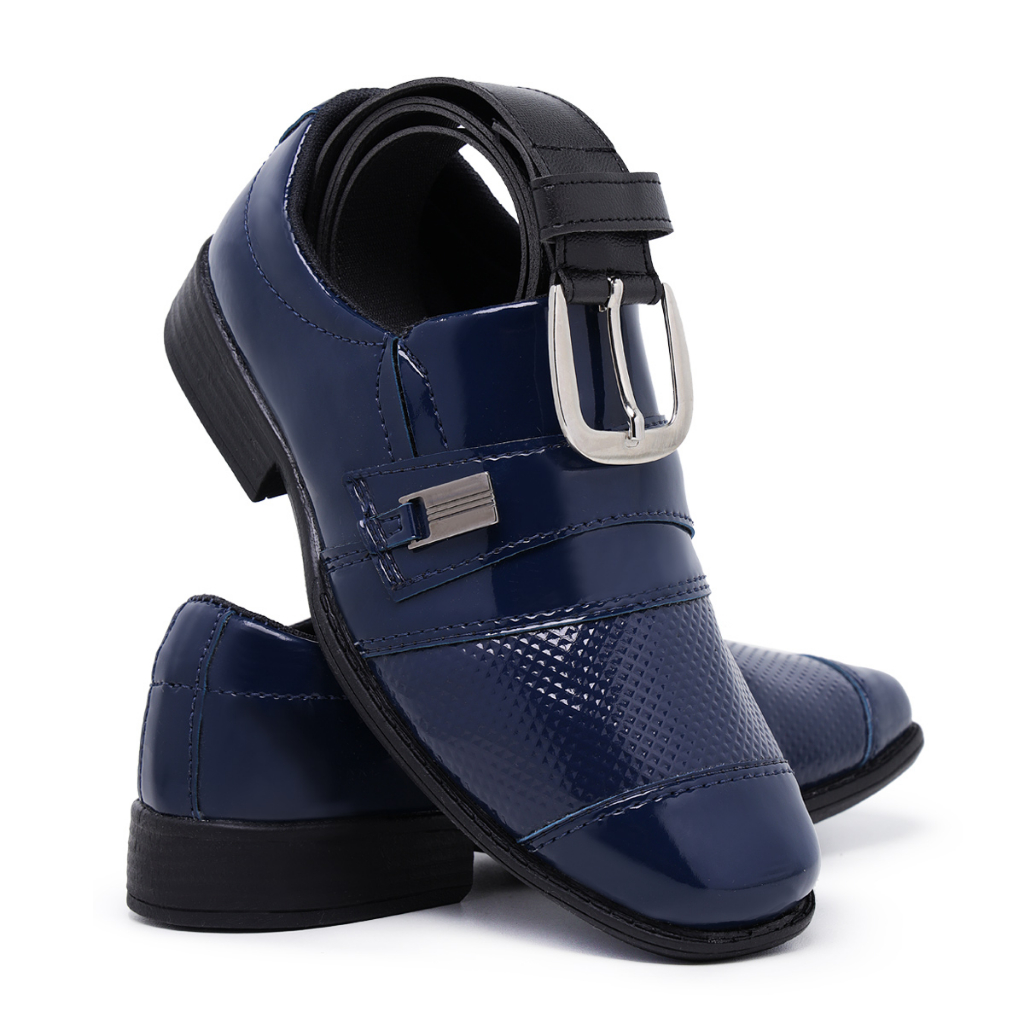 Kit Sapato Social Infantil Masculino Cinto 444 Azul Pajem Conforto Bico Quadrado
