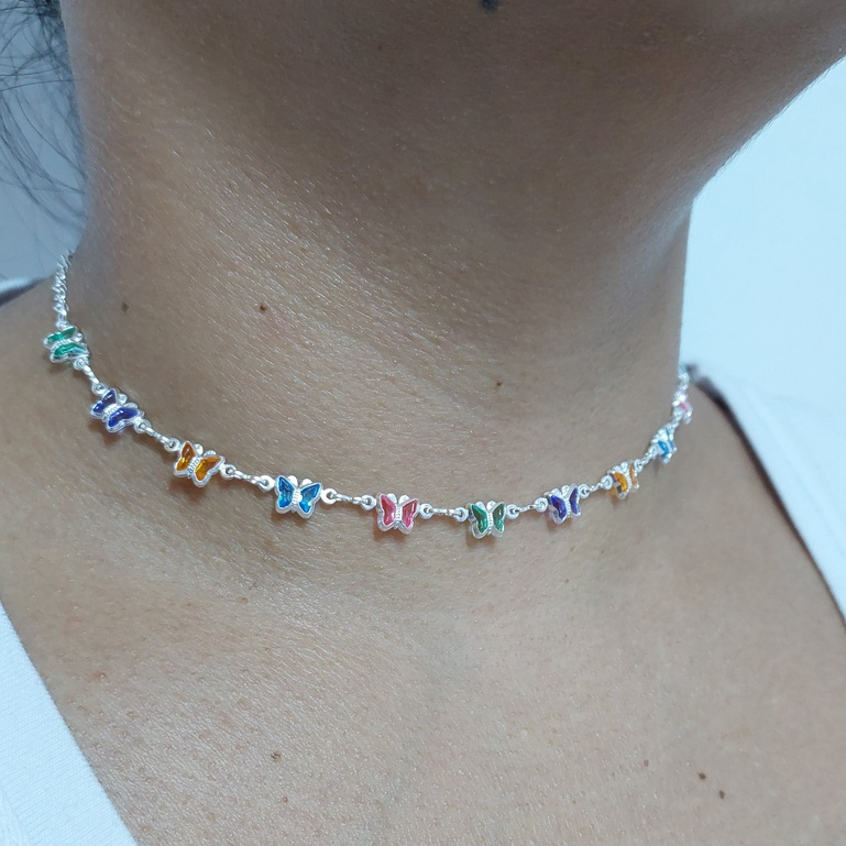 Choker Borboletas Coloridas Folheado Prata Choker Feminino Prateado