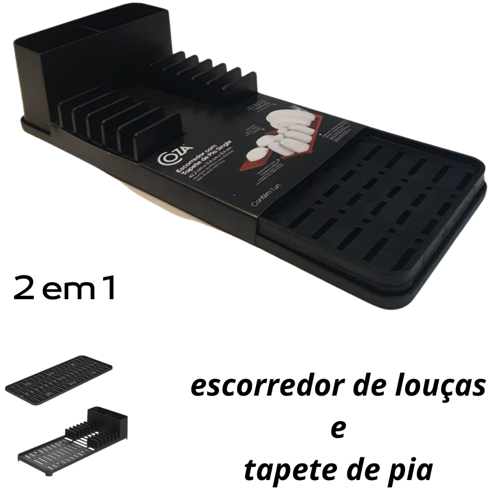 ESCORREDOR DE LOUÇA P/ TALHERES PRATOS COPOS COM TAPETE DE PIA COMPACTO COR PRETO LINHA SINGLE COZA em Oferta na Shopee