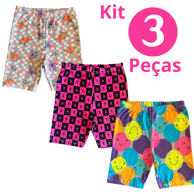 Kit 3 Shorts Infantil Feminino de Cotton Estampado 2 a 12 Anos (0001) em Oferta na Shopee