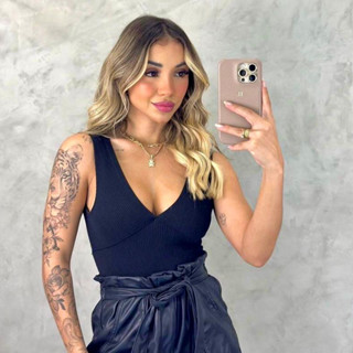 Body Zara Tendencia Regata com Decote V Tecido Anarruga de Algodão Moda Blogueira