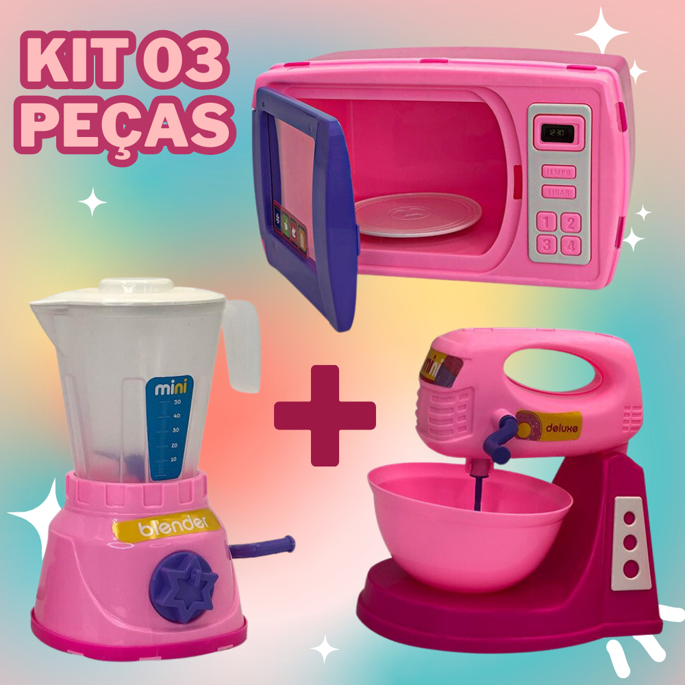 Kit 3 Peças Infantil Mini Confeitaria com Liquidificador, Batedeira e Microondas Primeira Cozinha de Brinquedo Rosa Menina Presente