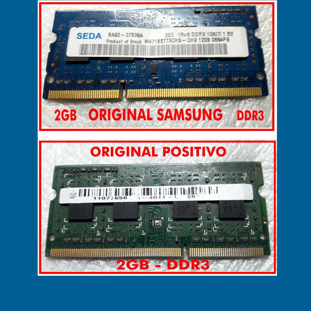 Memória Ram DDR3 2GB Original Samsung e Positivo (preço da unidade).