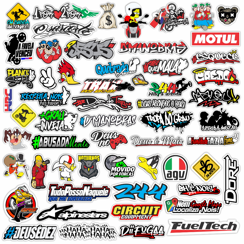 Cartela de adesivos 58 unidades - para Bike Carro Moto Capacete impreshow