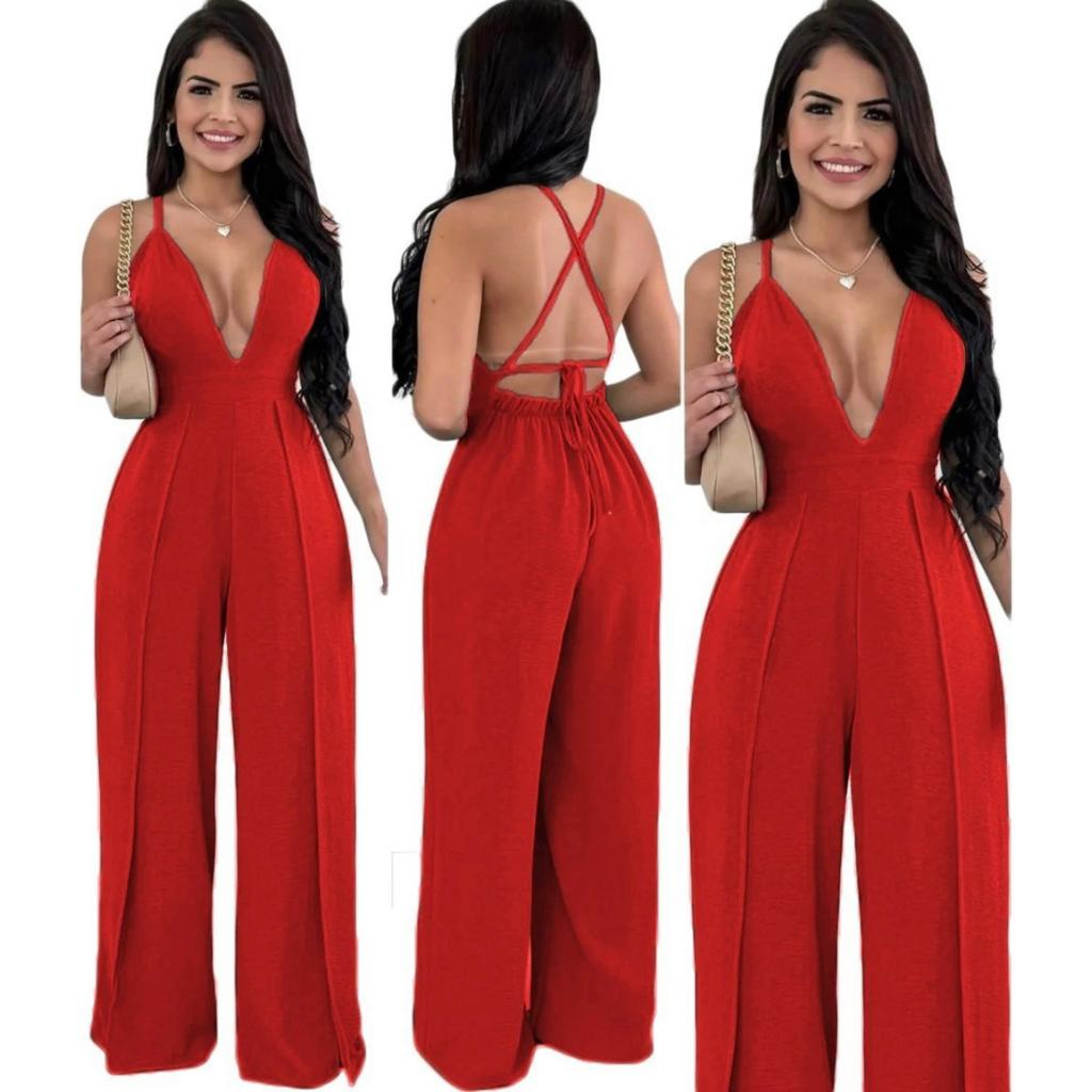 Macacão Envelope Feminino  Decotado Alcinha 2 Fendas Pantalona