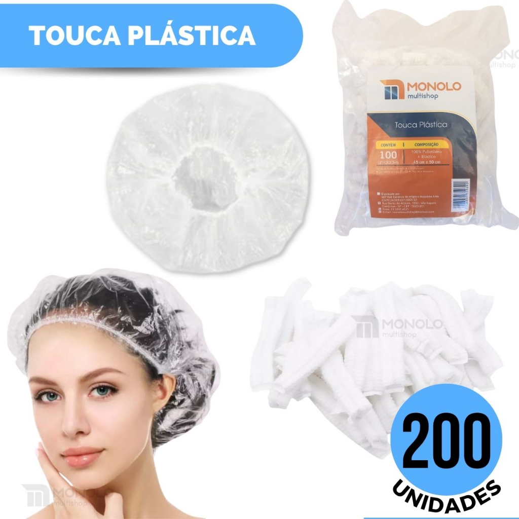 200 Toucas Plástica Descartável Banho Cabelo Sanfonada hotel motel SPA Clínica com elástico