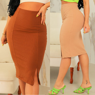 Saia Midi Lapis Secretaria Social Fenda Lateral Casual Com Elastano