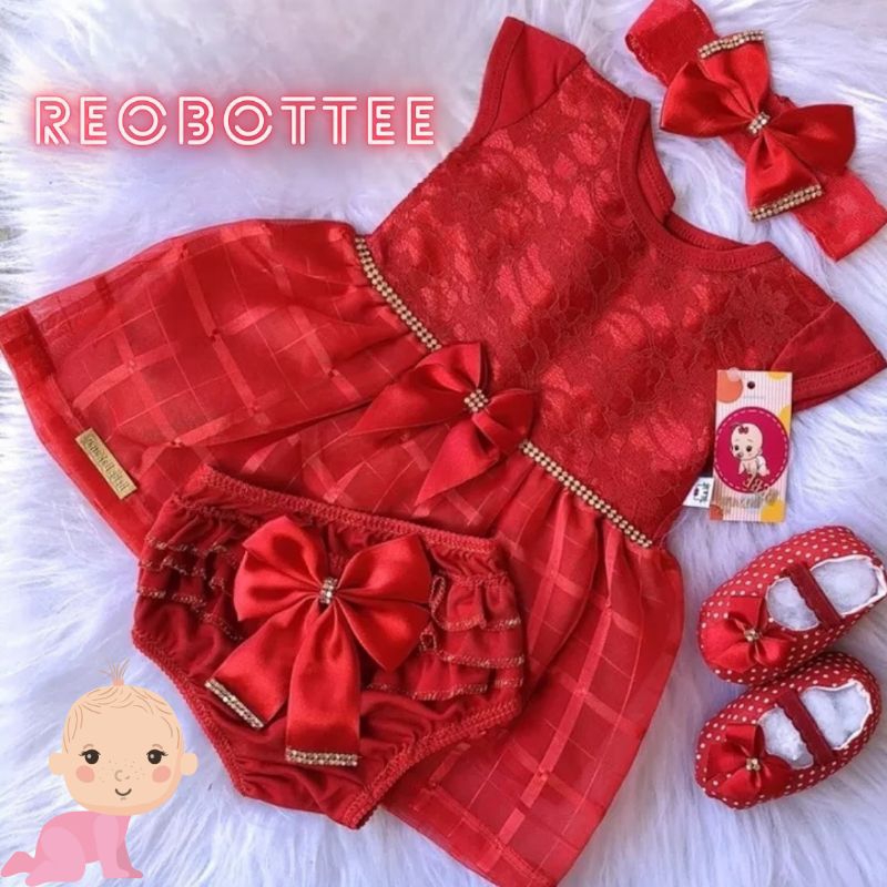 Vestido Infantil Menina Natal Conjunto 4 Peças Roupa De Bebê Calcinha Batizado Mesversario Verão em Oferta na Shopee