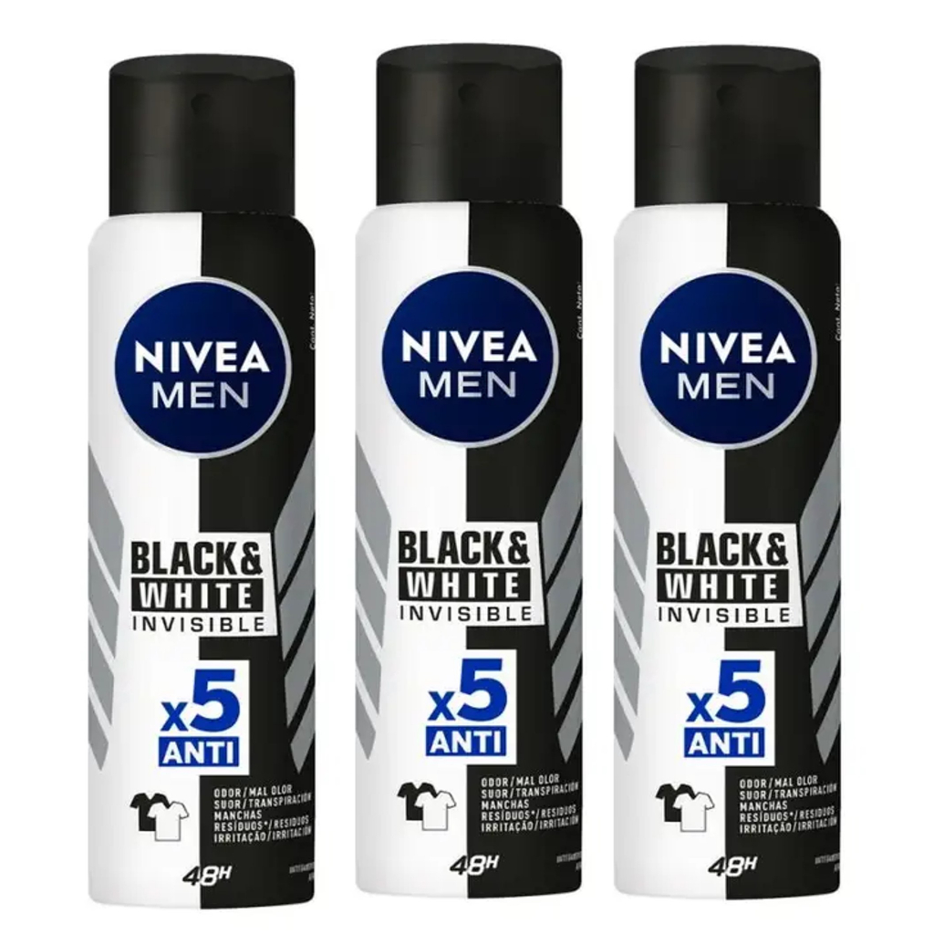 Kit com 03un Desodorante Aerosol Nivea For Men Invisible For Black e White 150ml
