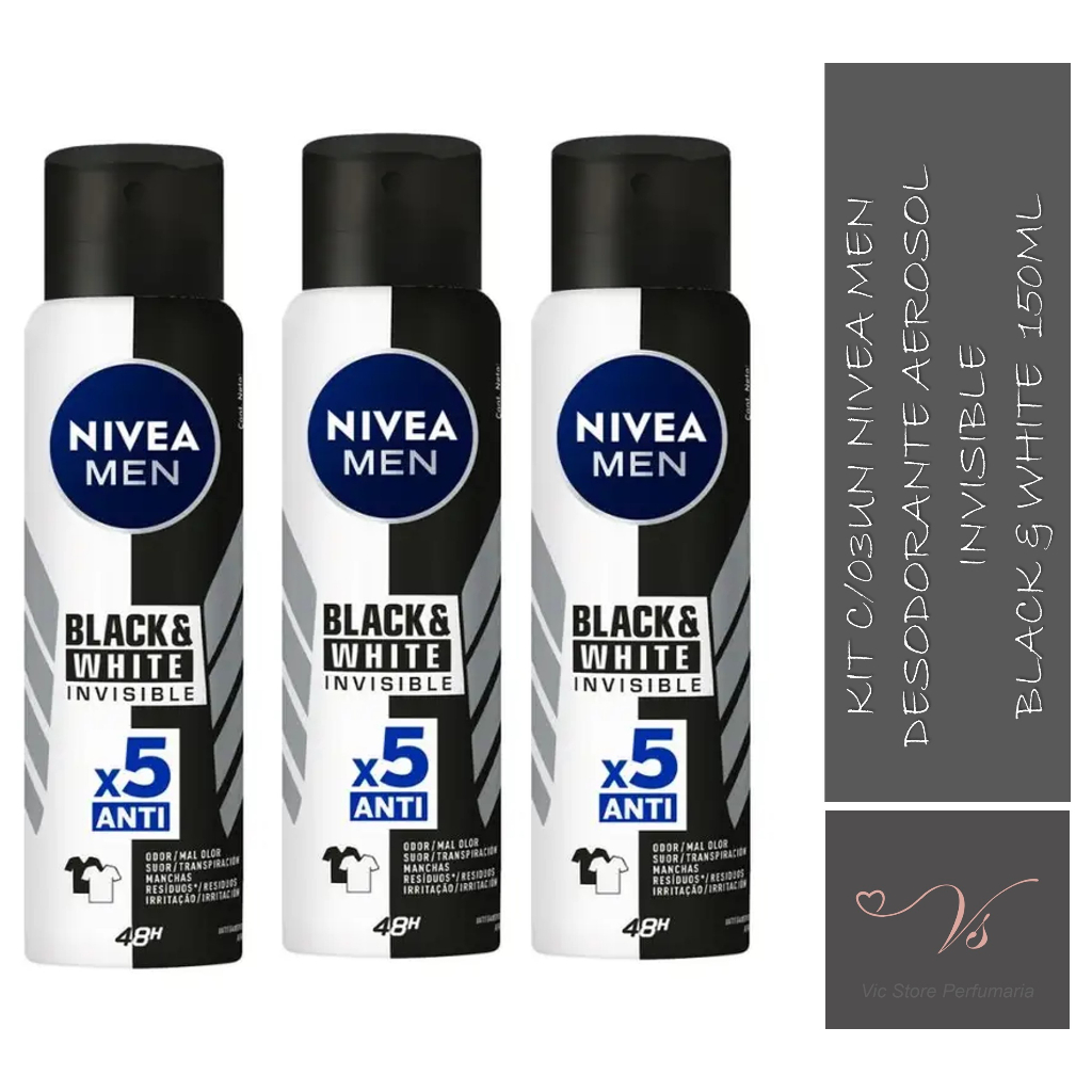 Kit com 03un Desodorante Aerosol Nivea For Men Invisible For Black e White 150ml