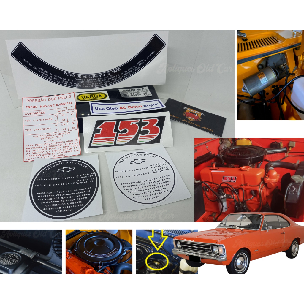 Kit Adesivos Opala 4cil. Motor 153 (Motor Vermelho 4cil. Opala Até 1973) - Kit Cofre, Motor E Lataria