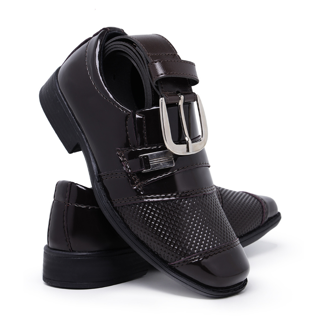 Kit Sapato Social Infantil Com Cinto 444 Estilo Italiano Bico Quadrado Cores Verniz Brilho Casamento