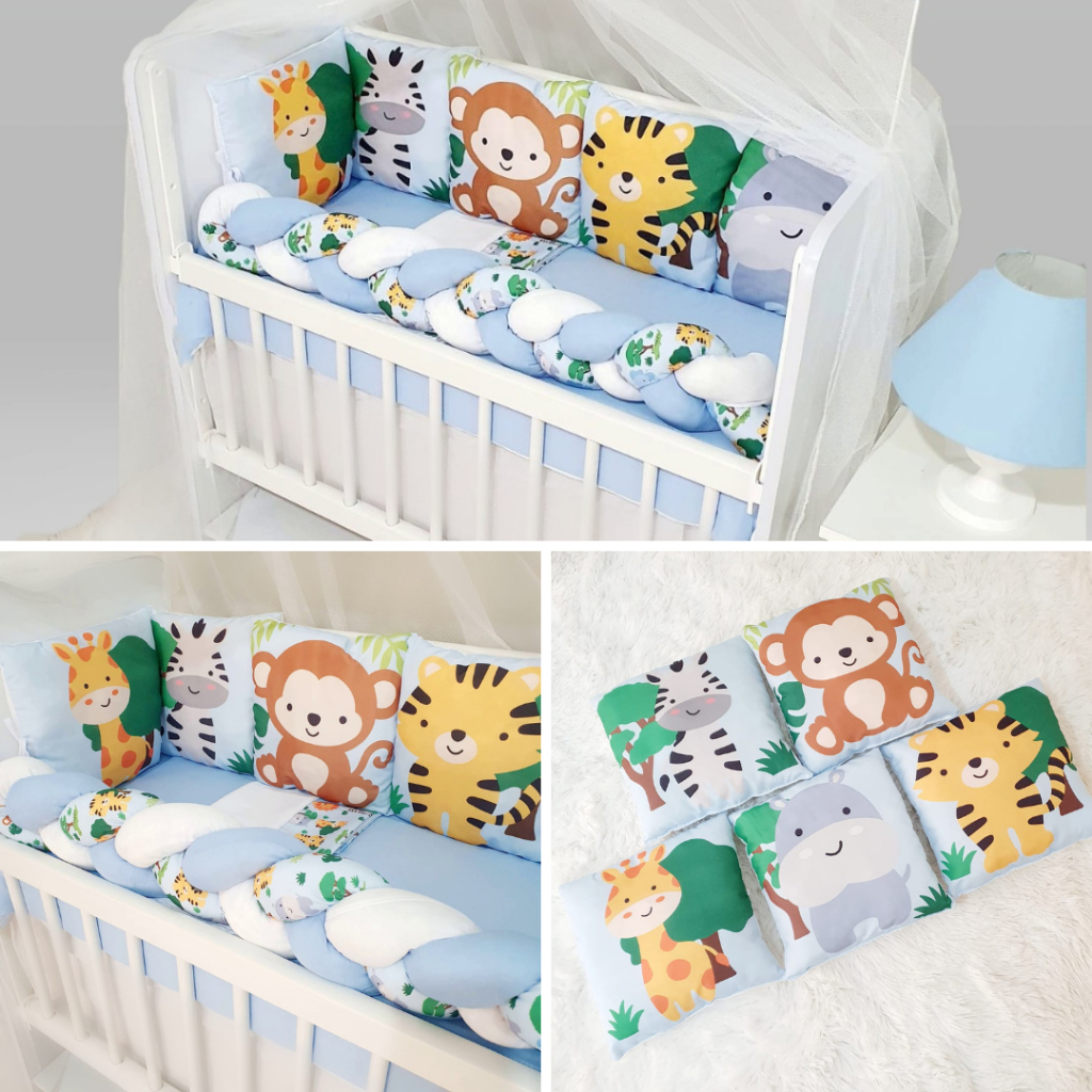 Kit de Enxoval PARA MINI BERÇO Conjunto 13 Peças Sublimado Modelo Safari Azul Para Menino