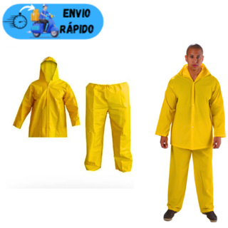 CONJUNTO CAPA DE CHUVA JAQUETA E CALÇA IMPERMEÁVEL FORRADA PVC COR AMARELA PLASTCOR COM CAPUZ em Oferta na Shopee