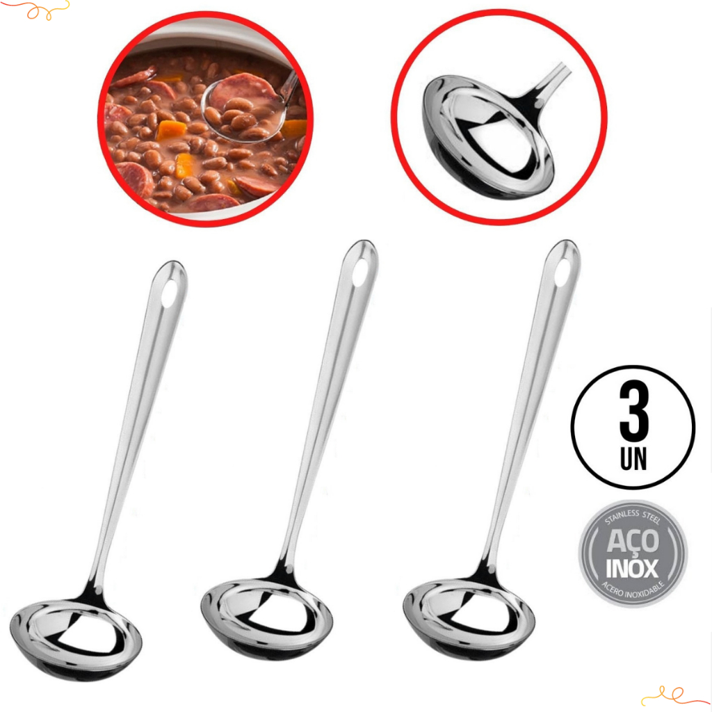 KIT 3 Concha De Cozinha Inox Pequena Para Servir Molho Feijão Sopa Caldos Utensílios Metal Aço Inox Cozinha