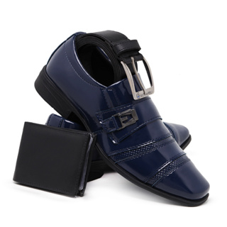 Kit Sapato Social Masculino Com Cinto e Carteira 703 Azul Casual Verniz Brilho Moderno em Oferta na Shopee