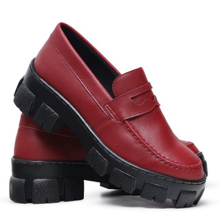 Mocassim Feminino Vermelho Sola Tratorado Oxford Moderno Plataforma Blogueira