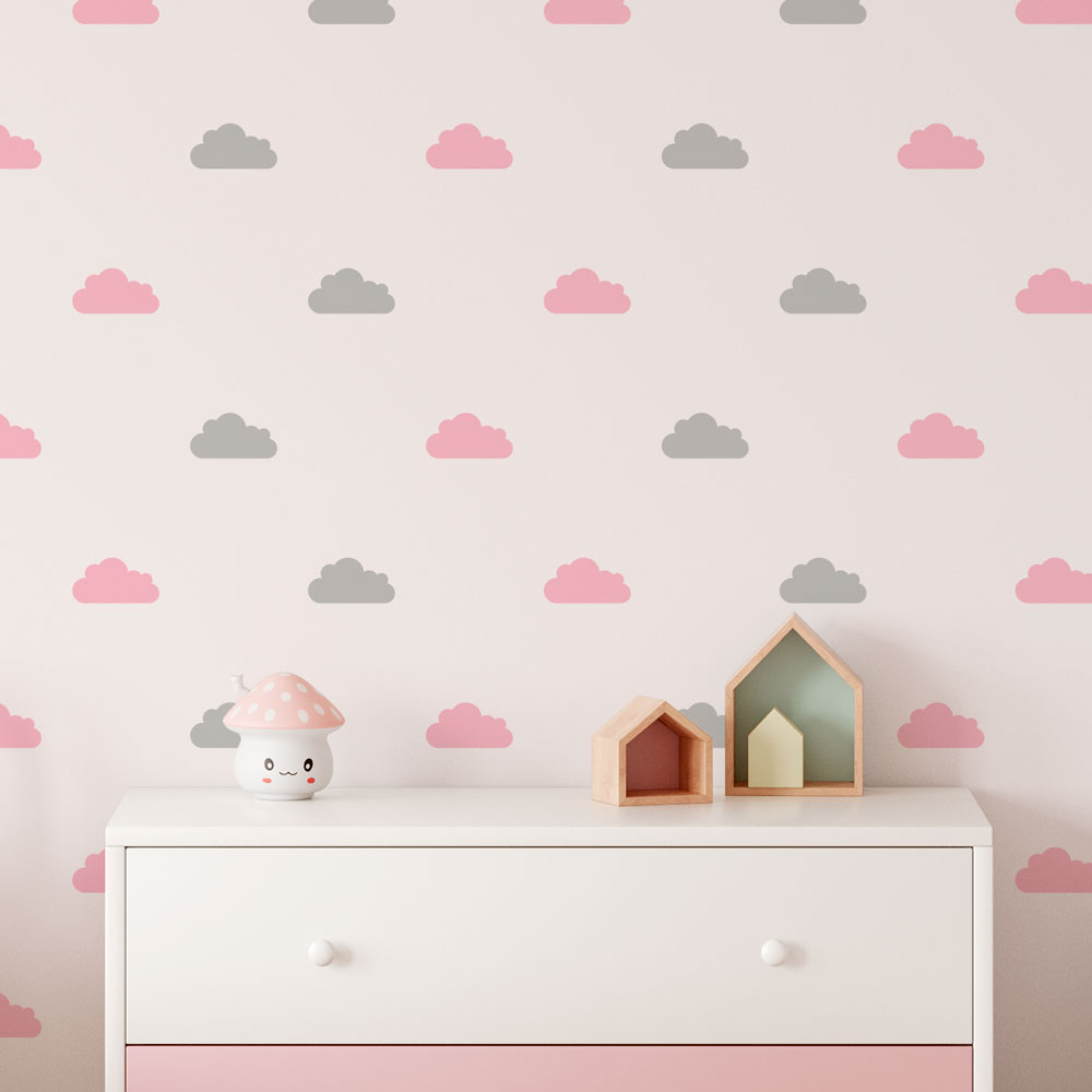 Cartela 24 Adesivos de Parede Para Quarto Infantil - Nuvens na Cor Rosa e Cinza - Cartela