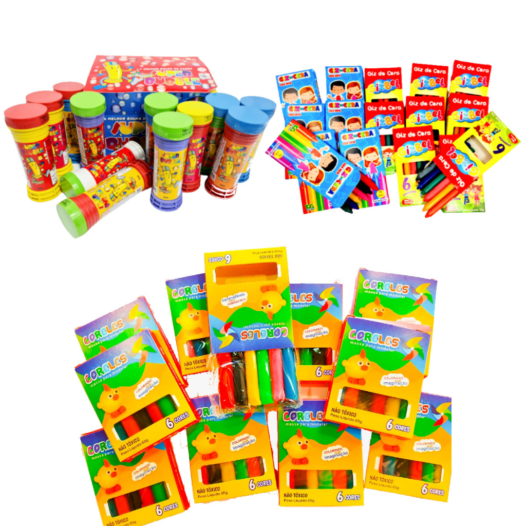 Kit 30 Cx Masssinha Modelar + 30 Bolha Sabão + 30 Giz + 30 Colorir + 60 Cortador Lembrancinha Prenda em Oferta na Shopee