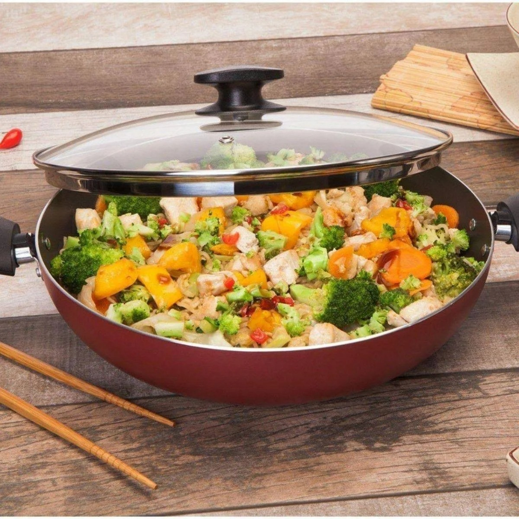 Panela Wok Tramontina Antiaderente Com Tampa 28 Cm Vermelha em Oferta na Shopee