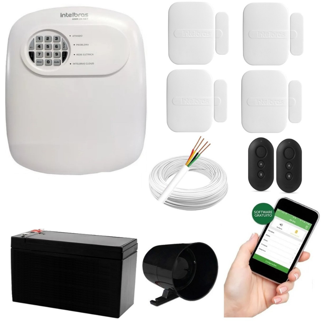 Kit Alarme Residencial Intelbras 4 Sensores Portas Sem Fio Acesso Celular ANM 24net Acesso Celular