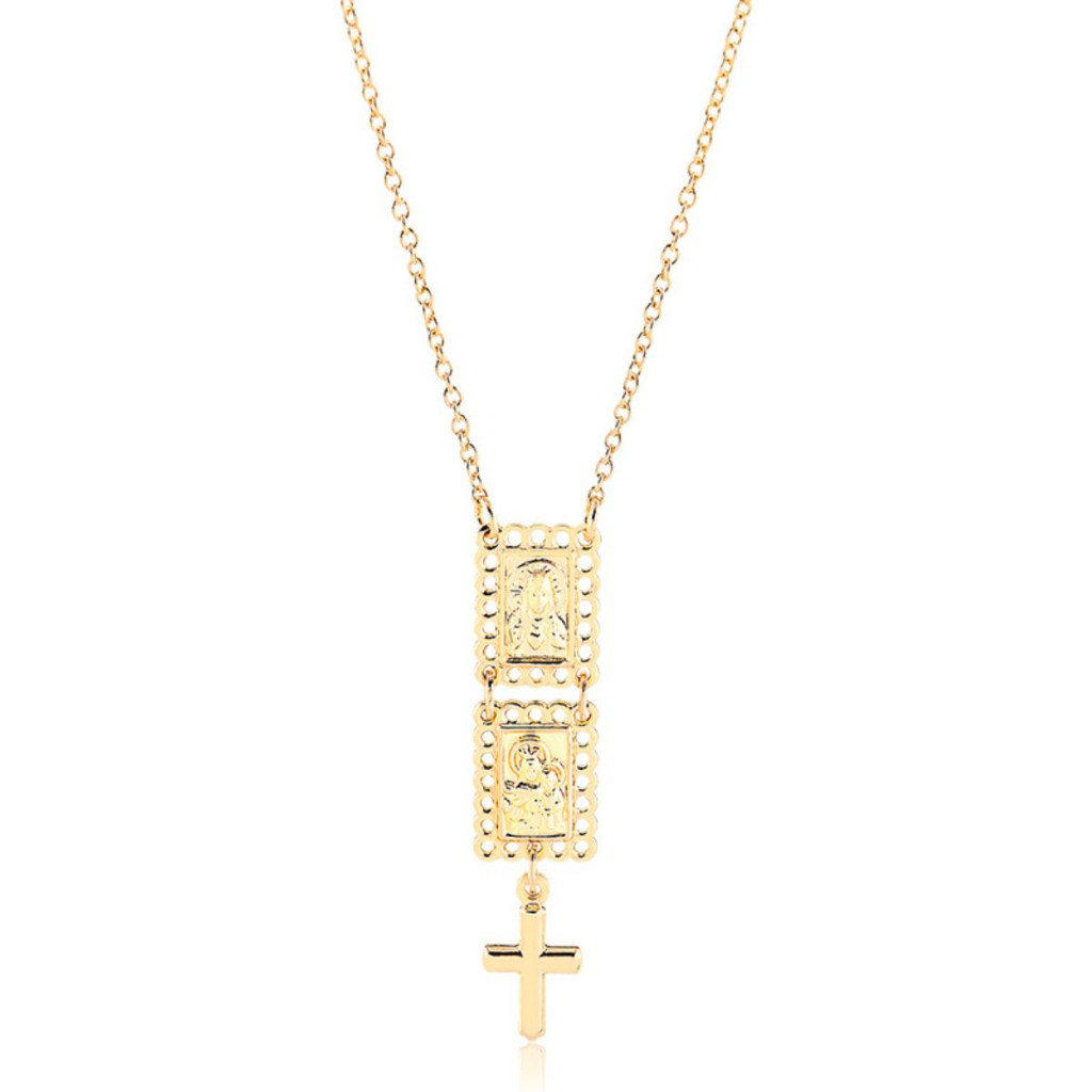 Terço Colar Sagrado Coração de Jesus E Nossa Senhora Do Carmo Banhado A Ouro 18k 60cm